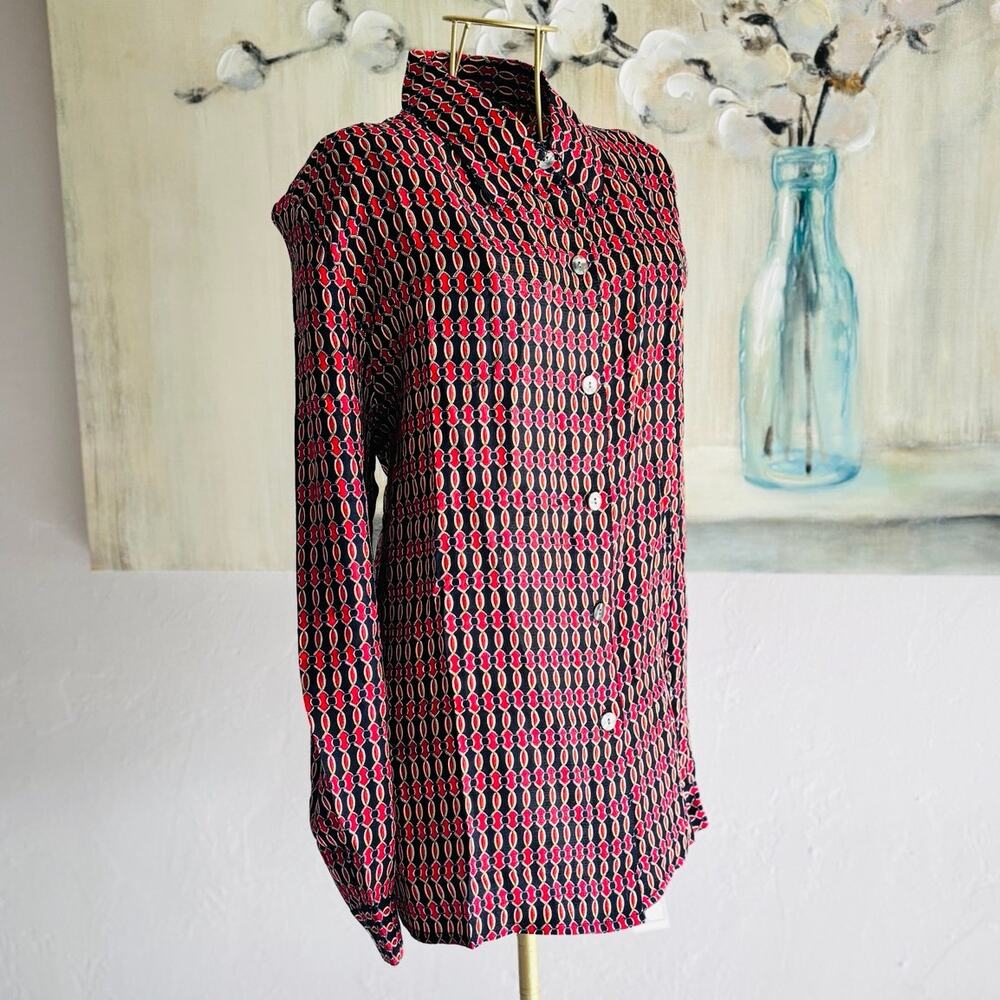 K.C. Studio Silk Blouse Size 14 Geometric Print NWT Vintage Style Shoulder Pads